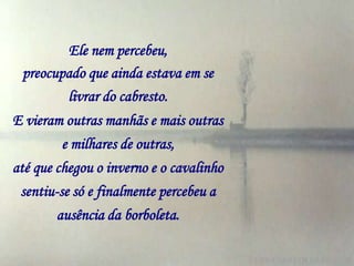 Ele nem percebeu,
 preocupado que ainda estava em se
        livrar do cabresto.
E vieram outras manhãs e mais outras
         e milhares de outras,
até que chegou o inverno e o cavalinho
 sentiu-se só e finalmente percebeu a
        ausência da borboleta.
 