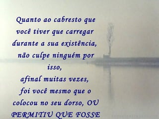 Quanto ao cabresto que
 você tiver que carregar
durante a sua existência,
 não culpe ninguém por
          isso,
  afinal muitas vezes,
  foi você mesmo que o
colocou no seu dorso, OU
PERMITIU QUE FOSSE
 