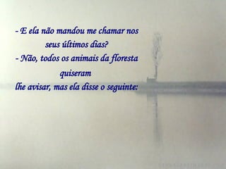 - E ela não mandou me chamar nos seus últimos dias? - Não, todos os animais da floresta quiseram   lhe avisar, mas ela disse o seguinte: 
