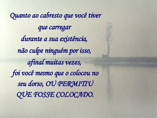 Quanto ao cabresto que você tiver que carregar   durante a sua existência,   não culpe ninguém por isso,   afinal muitas vezes,   foi você mesmo que o colocou no seu dorso, OU PERMITIU QUE FOSSE COLOCADO. 