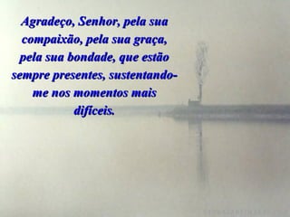 Agradeço, Senhor, pela sua compaixão, pela sua graça, pela sua bondade, que estão sempre presentes, sustentando-me nos momentos mais difíceis. 