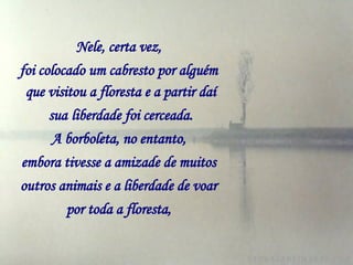 Nele, certa vez,   foi colocado um cabresto por alguém   que visitou a floresta e a partir daí sua   liberdade foi cerceada. A borboleta, no entanto,   embora tivesse a amizade de muitos   outros animais e a liberdade de voar   por toda a floresta,   