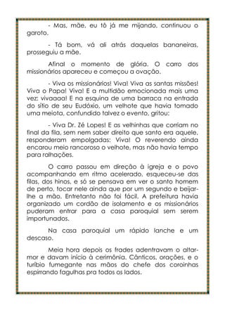 - Mas, mãe, eu tô já me mijando, continuou o
garoto.
       - Tá bom, vá ali atrás daquelas bananeiras,
prosseguiu a mãe.
       Afinal o momento de glória. O carro               dos
missionários apareceu e começou a ovação.
        - Viva os missionários! Viva! Viva as santas missões!
Viva o Papa! Viva! E a multidão emocionada mais uma
vez: vivaaaa! E na esquina de uma barraca na entrada
do sítio de seu Eudóxio, um velhote que havia tomado
uma meiota, confundido talvez o evento, gritou:
        - Viva Dr. Zé Lopes! E as velhinhas que corriam no
final da fila, sem nem saber direito que santo era aquele,
responderam empolgadas: Viva! O reverendo ainda
encarou meio rancoroso o velhote, mas não havia tempo
para ralhações.
         O carro passou em direção à igreja e o povo
acompanhando em ritmo acelerado, esqueceu-se das
filas, dos hinos, e só se pensava em ver o santo homem
de perto, tocar nele ainda que por um segundo e beijar-
lhe a mão. Entretanto não foi fácil. A prefeitura havia
organizado um cordão de isolamento e os missionários
puderam entrar para a casa paroquial sem serem
importunados.
      Na casa paroquial um rápido lanche e um
descaso.
        Meia hora depois os frades adentravam o altar-
mor e davam início à cerimônia. Cânticos, orações, e o
turíbio fumegante nas mãos do chefe dos coroinhas
espirrando fagulhas pra todos os lados.
 