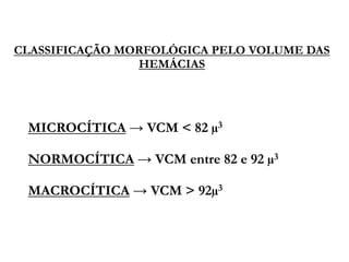 CLASSIFICAÇÃO MORFOLÓGICA PELO VOLUME DAS
HEMÁCIAS
MICROCÍTICA → VCM < 82 µ3
NORMOCÍTICA → VCM entre 82 e 92 µ3
MACROCÍTICA → VCM > 92µ3
 