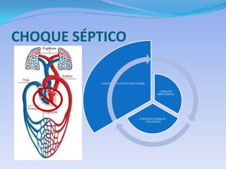 CHOQUE SÉPTICO
CORAÇÃO
(IMPULSIONA)
CONTEÚDO (SANGUE -
ATRAVÉS DE)
CONTINENTE (LEITOS VASCULARES)
 