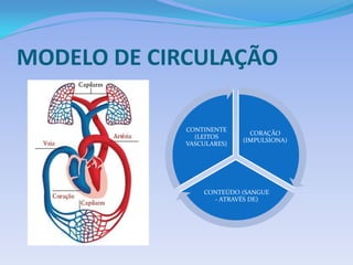 MODELO DE CIRCULAÇÃO
CORAÇÃO
(IMPULSIONA)
CONTEÚDO (SANGUE
- ATRAVÉS DE)
CONTINENTE
(LEITOS
VASCULARES)
 