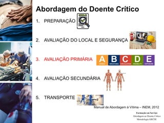 Abordagem do Doente Crítico
1. PREPARAÇÃO
2. AVALIAÇÃO DO LOCAL E SEGURANÇA
3. AVALIAÇÃO PRIMÁRIA
4. AVALIAÇÃO SECUNDÁRIA
5. TRANSPORTE
Manual de Abordagem à Vítima – INEM, 2012
Formação em Serviço
Abordagem ao Doente Crítico
Metodologia ABCDE
 