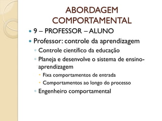 ABORDAGEM
COMPORTAMENTAL
 9 – PROFESSOR – ALUNO
 Professor: controle da aprendizagem
◦ Controle científico da educação
◦ Planeja e desenvolve o sistema de ensino-
aprendizagem
 Fixa comportamentos de entrada
 Comportamentos ao longo do processo
◦ Engenheiro comportamental
 