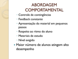 ABORDAGEM
COMPORTAMENTAL
◦ Controle de contingências
◦ Feedback constante
◦ Apresentação do material em pequenos
passos
◦ Respeito ao ritmo do aluno
◦ Materiais de estudo
◦ Nível exigido
 Maior número de alunos atingem alto
desempenho
 