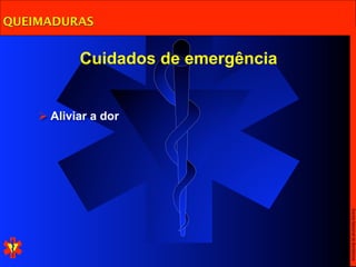 QUEIMADURAS


           Cuidados de emergência


     Aliviar a dor




                                    Escola Nacional de Bombeiros
 