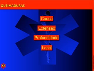 QUEIMADURAS



                 Causa

               Extensão

              Profundidade

                 Local




                             Escola Nacional de Bombeiros
 