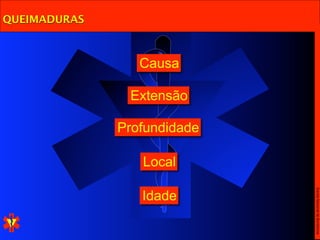 QUEIMADURAS



                 Causa

               Extensão

              Profundidade

                 Local




                             Escola Nacional de Bombeiros
                 Idade
 