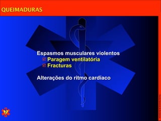 QUEIMADURAS




         Espasmos musculares violentos
            Paragem ventilatória
            Fracturas


         Alterações do ritmo cardíaco




                                         Escola Nacional de Bombeiros
 