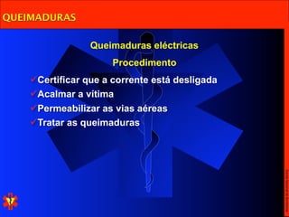 QUEIMADURAS

                 Queimaduras eléctricas
                      Procedimento
    Certificar que a corrente está desligada
    Acalmar a vítima
    Permeabilizar as vias aéreas
    Tratar as queimaduras




                                                Escola Nacional de Bombeiros
 