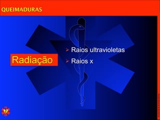 QUEIMADURAS




                 Raios ultravioletas
  Radiação       Raios x




                                        Escola Nacional de Bombeiros
 