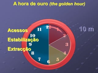 A hora de ouro (the golden hour) 
Acessos 
Estabilização 
Extracção 
10 m 
 