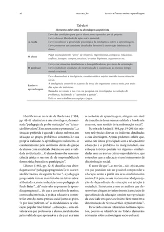

26

 ● Process o ensino e aprendizagem

Tabela 6
Ele mentos relevantes na abordagem cognitivista
Deve dar condições para que o aluno possa aprender por si próprio.
A escola

Deve oferecer liberdade de ação real e material.
Deve reconhecer a prioridade psicológica da inteligência sobre a aprendizagem.
Deve promover um ambiente desafiador favorável à motivação intrínseca do
aluno.

O a lu n o

Papel essencialmente “ativo” de observar, experimentar, comparar, relacionar,
analisar, justapor, compor, encaixar, levantar hipóteses, argumentar etc.
Deve criar situações desafiadoras e desequilibradoras, por meio da orientação.

O professor

Deve estabelecer condições de reciprocidade e cooperação ao mesmo tempo
moral e racional.
Deve desenvolver a inteligência, considerando o sujeito inserido numa situação
s o c i a l.

E n s in o e
aprendizagem

A inteligência constrói-se a partir da troca do organismo com o meio, por meio
das ações do indivíduo.
Baseados no ensaio e no erro, na pesquisa, na investigação, na solução de
problemas, facilitando o “aprender a pensar”.
Ên f a s e nos trabalhos em equipe e jogos.

Identificam-se no texto de Bordenave (1984,
pp. 41-4) referências a essa abordagem, denominada “pedagogia da problematização” ou “educação libertadora”. Esse autor assim se pronuncia: “...a
situação preferida é quando o aluno enfrenta, em
situação de grupo, problemas concretos de sua
própria realidade. A aprendizagem realimenta-se
constantemente pelo confronto direto do grupo
de alunos com a realidade objetiva ou com a realidade mediatizada ... O aluno desenvolve sua consciência crítica e seu sentido de responsabilidade
democrática baseada na participação”
.
Libâneo (1982, pp. 12-5) classifica essa abordagem como “pedagogia progressista”, em sua versão libertadora, da seguinte forma: “.. a pedagogia
progressista tem-se manifestado em três versões:
a libertadora, mais conhecida como pedagogia de
Paulo Freire “... dá” mais valor ao processo de aprendizagem grupal ... do que a conteúdos de ensino,
como a decorrência, a prática educativa somente faz sentido numa prática social junto ao povo,
“e por isso preferem-se” as modalidades de educação popular ‘não formal’ ... educação ... uma atividade em que professores e alunos, mediatizados
pela realidade que apreendem e da qual extraem

o conteúdo de aprendizagem, atingem um nível
de consciência dessa mesma realidade a fim de nela
atuarem, num sentido de transformação social”.
Na obra de Saviani (1984, pp. 19-20) não existem referências diretas ou indiretas detalhadas
a essa abordagem. Apenas podemos inferir que,
como este estava preocupado com a relação entre
educação e o problema da marginalidade, esse
enfoque teórico poderia ter algumas similaridades com as teorias crítico-reprodutivistas, que
entendem que a educação é um instrumento de
discriminação social.
O autor diz que “... as teorias ... são críticas, uma
vez que postulam não ser possível compreender a
educação senão a partir dos seus condicionantes
sociais. Há, pois, nessas teorias uma cabal percepção da dependência da educação em relação à
sociedade. Entretanto, como as análises que desenvolvem chegam invariavelmente à conclusão de
que a função da educação consiste na reprodução
da sociedade em que ela se insere, bem merecem a
denominação de ‘teorias crítico-reprodutivistas’”.
De acordo com os referenciais teóricos expostos, podem-se identificar na Tabela elementos
relevantes sobre a abordagem socio-cultural:

 