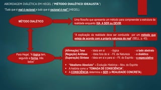 MÉTODO DIALÉTICO
Uma filosofia que apresenta um método para compreender a estrutura da
realidade enquanto VIA A SER ou DEVIR.
“A explicação da realidade deve ser conduzida por um método que
esteja de acordo com a própria natureza do real” (SELL, p. 43).
ABORDAGEM DIÁLÉTICA EM HEGEL (“MÉTODO DIALÉTICO IDEALISTA”)
“Tudo que é real é racional e tudo que é racional é real” (HEGEL).
(Afirmação) Tese - Ideia em si - lógica - o lado abstrato
(Negação) Antítese - Ideia fora de si - Fil. da Natureza - o dialético
(Superação) Síntese - Ideia em si e para si – Fil. do Espírito - o especulativo
 “Idealismo Absoluto” – Evolução Histórica – Mov. do Espírito
 A história como a “TOMADA DE CONSCIÊNCIA”,
 A CONSCIÊNCIA determina o SER (a REALIDADE CONCRETA).
Para Hegel, “A lógica tem,
segundo a forma, três
lados”
 