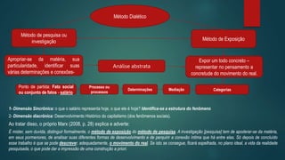 Método Dialético
Método de pesquisa ou
investigação Método de Exposição
1- Dimensão Sincrônica: o que o salário representa hoje, o que ele é hoje? Identifica-se a estrutura do fenômeno
2- Dimensão diacrônica: Desenvolvimento Histórico do capitalismo (dos fenômenos sociais).
Ao tratar disso, o próprio Marx (2008, p. 28) explica e adverte:
É mister, sem duvida, distinguir formalmente, o método de exposição do método de pesquisa. A investigação [pesquisa] tem de apoderar-se da matéria,
em seus pormenores, de analisar suas diferentes formas de desenvolvimento e de perquirir a conexão íntima que há entre elas. Só depois de concluído
esse trabalho é que se pode descrever, adequadamente, o movimento do real. Se isto se consegue, ficará espelhada, no plano ideal, a vida da realidade
pesquisada, o que pode dar a impressão de uma construção a priori.
Expor um todo concreto –
representar no pensamento a
concretude do movimento do real.
Apropriar-se da matéria, sua
particularidade, identificar suas
várias determinações e conexões-
Análise abstrata
Ponto de partida: Fato social
ou conjunto de fatos - salário
Processo ou
processos
Determinações Mediação Categorias
 