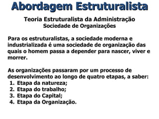 Teoria Estruturalista da Administração Sociedade de Organizações Para os estruturalistas, a sociedade moderna e industrializada é uma sociedade de organização das quais o homem passa a depender para nascer, viver e morrer. As organizações passaram por um processo de desenvolvimento ao longo de quatro etapas, a saber: Etapa da natureza; Etapa do trabalho; Etapa do Capital; Etapa da Organização. Abordagem Estruturalista 