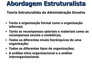 Teoria Estruturalista da Administração Envolve Tanto a organização formal como a organização informal; Tanto as recompensas salariais e materiais como as recompensas sociais e simbólicas; Todos os diferentes níveis hierárquicos de uma organização; Todos os diferentes tipos de organizações; A análise intra-organizacional e a análise interorganizacional . Abordagem Estruturalista 