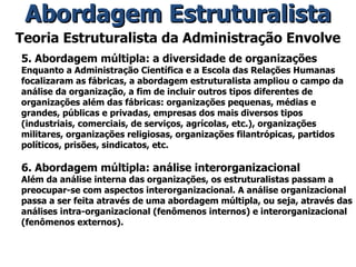 Teoria Estruturalista da Administração Envolve 5. Abordagem múltipla: a diversidade de organizações Enquanto a Administração Científica e a Escola das Relações Humanas focalizaram as fábricas, a abordagem estruturalista ampliou o campo da análise da organização, a fim de incluir outros tipos diferentes de organizações além das fábricas: organizações pequenas, médias e grandes, públicas e privadas, empresas dos mais diversos tipos (industriais, comerciais, de serviços, agrícolas, etc.), organizações militares, organizações religiosas, organizações filantrópicas, partidos políticos, prisões, sindicatos, etc. 6. Abordagem múltipla: análise interorganizacional Além da análise interna das organizações, os estruturalistas passam a preocupar-se com aspectos interorganizacional. A análise organizacional passa a ser feita através de uma abordagem múltipla, ou seja, através das análises intra-organizacional (fenômenos internos) e interorganizacional (fenômenos externos). Abordagem Estruturalista 