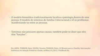 • O modelo biomédico tradicionalmente localiza a patologia dentro de uma
pessoa. O modelo de sistemas de família é interacional e vê̂ os problemas
manifestando-se entre as pessoas.
• Sintomas não possuem apenas causas; também pode-se dizer que eles
têm “funções”.
Eia, ASEN,, TOMSON, Dave, YOUNG, Venetia, TOMSON, Peter. 10 Minutos para a Família: Intervenções
Sistêmicas em Atenção Primária à Saúde. ArtMed, 01/2012. VitalBook file.
 