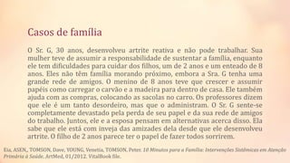 Casos de família
O Sr. G, 30 anos, desenvolveu artrite reativa e não pode trabalhar. Sua
mulher teve de assumir a responsabilidade de sustentar a família, enquanto
ele tem dificuldades para cuidar dos filhos, um de 2 anos e um enteado de 8
anos. Eles não têm família morando próximo, embora a Sra. G tenha uma
grande rede de amigos. O menino de 8 anos teve que crescer e assumir
papéis como carregar o carvão e a madeira para dentro de casa. Ele também
ajuda com as compras, colocando as sacolas no carro. Os professores dizem
que ele é um tanto desordeiro, mas que o administram. O Sr. G sente-se
completamente devastado pela perda de seu papel e da sua rede de amigos
do trabalho. Juntos, ele e a esposa pensam em alternativas acerca disso. Ela
sabe que ele está com inveja das amizades dela desde que ele desenvolveu
artrite. O filho de 2 anos parece ter o papel de fazer todos sorrirem.
Eia, ASEN,, TOMSON, Dave, YOUNG, Venetia, TOMSON, Peter. 10 Minutos para a Família: Intervenções Sistêmicas em Atenção
Primária à Saúde. ArtMed, 01/2012. VitalBook file.
 