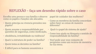 REFLEXÃO – faça um desenho rápido sobre o caso
Escolha uma pessoa e sua família e observe
como os papéis e funções são alocados.
• Quem antecipa ou vivencia pressões nos
papéis?
• Quem assume a responsabilidade por
questões de segurança, como medicação,
• obediência, irritabilidade ou violência?
• Qual é a estrutura de poder na família?
• Quem toma as decisões na família?
• É difícil para os homens assumirem o
papel de cuidador das mulheres?
• Como os membros da família concordam
sobre fazer as coisas de maneira
diferente?
• Qual é o papel do sistema de ajuda?
• Como isso ajuda ou bloqueia o sentido de
responsabilidade da família?
• Você pode usar esse conjunto de
perguntas como um recurso de memória
na sua mesa.
 