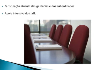  Participação atuante das gerências e dos subordinados.
 Apoio intensivo do staff.
 