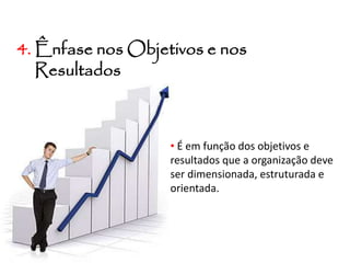 4. Ênfase nos Objetivos e nos
Resultados
• É em função dos objetivos e
resultados que a organização deve
ser dimensionada, estruturada e
orientada.
 