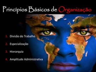 Princípios Básicos de Organização
1. Divisão do Trabalho
2. Especialização
3. Hierarquia
4. Amplitude Administrativa
 