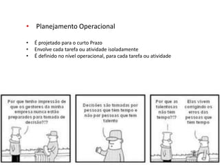 • Planejamento Operacional
• É projetado para o curto Prazo
• Envolve cada tarefa ou atividade isoladamente
• É definido no nível operacional, para cada tarefa ou atividade
 