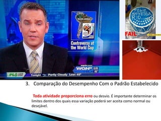 3. Comparação do Desempenho Com o Padrão Estabelecido
Toda atividade proporciona erro ou desvio. É importante determinar os
limites dentro dos quais essa variação poderá ser aceita como normal ou
desejável.
 