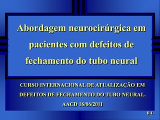 Abordagem neurocirúrgica em pacientes com defeitos de fechamento do tubo neural CURSO INTERNACIONAL DE ATUALIZAÇÃO EM DEFEITOS DE FECHAMENTO DO TUBO NEURAL. AACD 16/06/2011 R.L. 