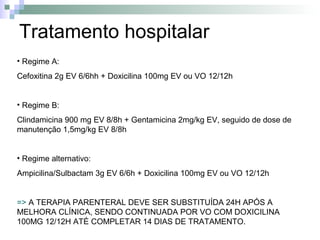 Tratamento hospitalar
• Regime A:
Cefoxitina 2g EV 6/6hh + Doxicilina 100mg EV ou VO 12/12h


• Regime B:
Clindamicina 900 mg EV 8/8h + Gentamicina 2mg/kg EV, seguido de dose de
manutenção 1,5mg/kg EV 8/8h


• Regime alternativo:
Ampicilina/Sulbactam 3g EV 6/6h + Doxicilina 100mg EV ou VO 12/12h


=> A TERAPIA PARENTERAL DEVE SER SUBSTITUÍDA 24H APÓS A
MELHORA CLÍNICA, SENDO CONTINUADA POR VO COM DOXICILINA
100MG 12/12H ATÉ COMPLETAR 14 DIAS DE TRATAMENTO.
 