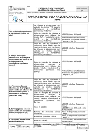 Nome: 
PROTOCOLO DE ATENDIMENTO 
ABORDAGEM SOCIAL NAS RUAS 
Versão do protocolo: 
2.0 
Secretaria Municipal 
Adjunta de Assistência 
Social 
Serviço (s) usuário (s) e respectiva (s) gerência (s) responsável (s) (SMAAS) 
SERVIÇO ESPECIALIZADO DE ABORDAGEM SOCIAL NAS 
RUAS 
EMISSÃO 
GPAS – GGPAS e GEIMA 20/11/2009 
Indeterminada 
DATA EMISSÃO APROVAÇÃO 
DATA APROVAÇÃO VIGÊNCIA 
30 
de crianças e adolescentes com violação de direitos TVR, trabalho infanto-juvenil e mendicância constatada pelo Serviço 
USC058:Censo BH Social 
TVR, trabalho infanto-juvenil e mendicância (média em dias) 
Data de inserção de crianças e adolescentes com violação de direitos TVR e / ou trabalho infanto- juvenil e/ ou mendicância constatada pelo Serviço 
Protocolo Transversal Cadastro do Cidadão Violação de Direitos – Campos 11, 23, 26 
Data em que se completou o registro do nome, filiação, data de nascimento, raça, sexo e endereço de crianças e adolescentes com violação de direitos trabalho infanto-juvenil e mendicância constatada pelo Serviço. 
USC055: Interface Registro do Vínculo 
USC058:Censo BH Social 
4. Tempo médio para identificação de crianças e adolescentes em situação de trabalho infantil e mendicância (média em meses) 
Data de inserção de crianças e adolescentes, crianças e adolescentes com violação de direitos trabalho infanto-juvenil e mendicância constatada pelo Serviço. 
Protocolo Transversal Cadastro do Cidadão Violação de Direitos – Campos 11, 26 
Data em que se completou o registro do nome, filiação, data de nascimento, raça, sexo e endereço de crianças e adolescentes com violação de direitos: trabalho infanto-juvenil e mendicância constatada pelo Serviço. 
USC055: Interface Registro do Vínculo 
4.1. Tempo médio para identificação de crianças e adolescentes em situação de trabalho infanto-juvenil e mendicância no Serviço (média em dias) 
Data de inserção de crianças e adolescentes, crianças e adolescentes com violação de direitos: trabalho infanto-juvenil e mendicância constatada pelo Serviço. 
USC058:Censo BH Social 
USC055: Interface Registro do Vínculo 
Idade do cidadão 
USC058:Censo BH Social – data de nascimento 
Número de atividades lúdicas individuais 
Passo 6: Registro de Atividades – Campo 11 
5. Participação de crianças e adolescentes em atividades lúdico-pedagógicas (%) 
Número de Atividades Lúdicas 
Passo 6: Registro de Atividades – Campo 15 
Idade do cidadão 
USC058:Censo BH Social – data de nascimento 
6. Crianças e adolescentes encaminhados (%) Violação constatada – TVR, Protocolo Transversal Cadastro  