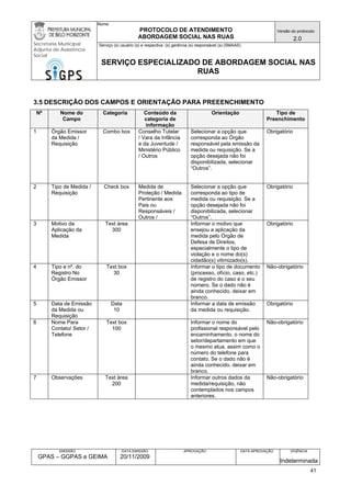 Nome: 
PROTOCOLO DE ATENDIMENTO 
ABORDAGEM SOCIAL NAS RUAS 
Versão do protocolo: 
2.0 
Secretaria Municipal 
Adjunta de Assistência 
Social 
Serviço (s) usuário (s) e respectiva (s) gerência (s) responsável (s) (SMAAS) 
SERVIÇO ESPECIALIZADO DE ABORDAGEM SOCIAL NAS 
RUAS 
EMISSÃO 
GPAS – GGPAS e GEIMA 
DATA EMISSÃO 
20/11/2009 
APROVAÇÃO 
DATA APROVAÇÃO 
VIGÊNCIA 
Indeterminada 
3.5 DESCRIÇÃO DOS CAMPOS E ORIENTAÇÃO PARA PREEENCHIMENTO 
Nº 
Nome do Campo 
Categoria 
Conteúdo da categoria de informação 
Orientação 
Tipo de Preenchimento 
1 
Órgão Emissor da Medida / Requisição 
Combo box 
Conselho Tutelar / Vara da Infância e da Juventude / Ministério Público / Outros 
Selecionar a opção que corresponda ao Órgão responsável pela emissão da medida ou requisição. Se a opção desejada não foi disponibilizada, selecionar “Outros”. 
Obrigatório 
2 
Tipo de Medida / Requisição 
Check box 
Medida de Proteção / Medida Pertinente aos Pais ou Responsáveis / Outros / 
Selecionar a opção que corresponda ao tipo de medida ou requisição. Se a opção desejada não foi disponibilizada, selecionar “Outros”. 
Obrigatório 
3 
Motivo da Aplicação da Medida 
Text área 
300 
Informar o motivo que ensejou a aplicação da medida pelo Órgão de Defesa de Direitos, especialmente o tipo de violação e o nome do(s) cidadão(s) vitimizado(s). 
Obrigatório 
4 
Tipo e nº. do Registro No Órgão Emissor 
Text box 
30 
Informar o tipo de documento (processo, ofício, caso, etc.) de registro do caso e o seu número. Se o dado não é ainda conhecido, deixar em branco. 
Não-obrigatório 
5 
Data de Emissão da Medida ou Requisição 
Data 
10 
Informar a data de emissão da medida ou requisição. 
Obrigatório 
6 
Nome Para Contato/ Setor / Telefone 
Text box 
100 
Informar o nome do profissional responsável pelo encaminhamento, o nome do setor/departamento em que o mesmo atua, assim como o número do telefone para contato. Se o dado não é ainda conhecido, deixar em branco. 
Não-obrigatório 
7 
Observações 
Text área 
200 
Informar outros dados da medida/requisição, não contemplados nos campos anteriores. 
Não-obrigatório 41 
 