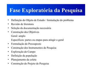 Fase Exploratória da Pesquisa
• Definição do Objeto de Estudo / formulação do problema
• Revisão de literatura
• Seleção da documentação necessária
• Construção dos Objetivos
Geral: amplo
Específicos: partes ou etapas para atingir o geral
• Formulação do Pressuposto
• Construção dos Instrumentos de Pesquisa
• Exploração do Campo
• Definição da população
• Planejamento da coleta
• Construção do Projeto de Pesquisa
 