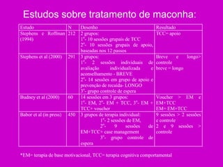 Estudos sobre tratamento de maconha:
Estudo N Desenho Resultado
Stephens e Roffman
(1994)
212 2 grupos:
1o
- 10 sessões grupais de TCC
2o
- 10 sessões grupais de apoio,
baseadas nos 12 passos
TCC= apoio
Stephens et al (2000) 291 3 grupos:
1o
- 2 sessões individuais de
avaliação individualizada e
aconselhamento - BREVE
2o
- 14 sessões em grupo de apoio e
prevenção de recaída- LONGO
3o
- grupo controle de espera
Breve e longo>
controle
breve = longo
Budney et al (2000) 60 14 sessões em 3 grupos:
1o
- EM, 2o
- EM + TCC, 3o
- EM +
TCC+ voucher
Voucher > EM e
EM+TCC
EM= EM+TCC
Babor et al (in press) 450 3 grupos de terapia individual:
1o
- 2 sessões de EM,
2o
- 9 sessões de
EM+TCC+ case management
3o
- grupo controle de
espera
9 sessões > 2 sessões
e controle
2 e 9 sessões >
controle
*EM= terapia de base motivacional, TCC= terapia cognitiva comportamental
 
