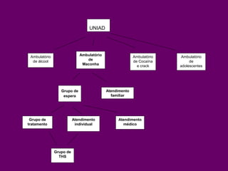 UNIAD
Ambulatório
de
Maconha
Ambulatório
de Cocaína
e crack
Ambulatório
de álcool
Ambulatório
de
adolescentes
Grupo de
tratamento
Grupo de
THS
Atendimento
médico
Atendimento
individual
Atendimento
familiar
Grupo de
espera
 