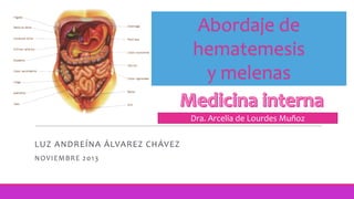 Abordaje de
hematemesis
y melenas
Dra. Arcelia de Lourdes Muñoz
LUZ ANDREÍNA ÁLVAREZ CHÁVEZ
N O VIE M BR E 20 13

 