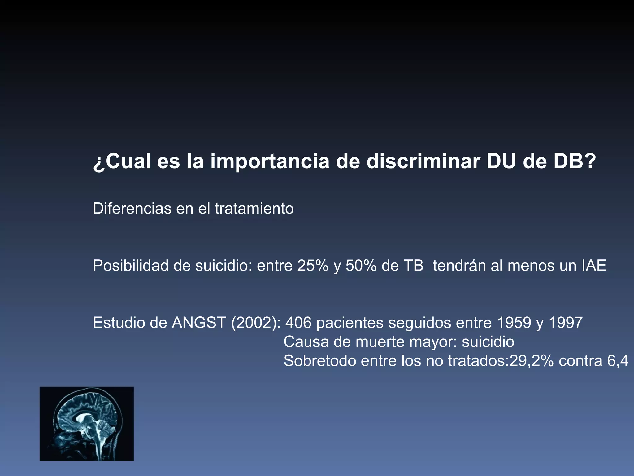 ¿Cual es la importancia de discriminar DU de DB?

Diferencias en el tratamiento


Posibilidad de suicidio: entre 25% y 50% de TB tendrán al menos un IAE


Estudio de ANGST (2002): 406 pacientes seguidos entre 1959 y 1997
                         Causa de muerte mayor: suicidio
                         Sobretodo entre los no tratados:29,2% contra 6,4
 