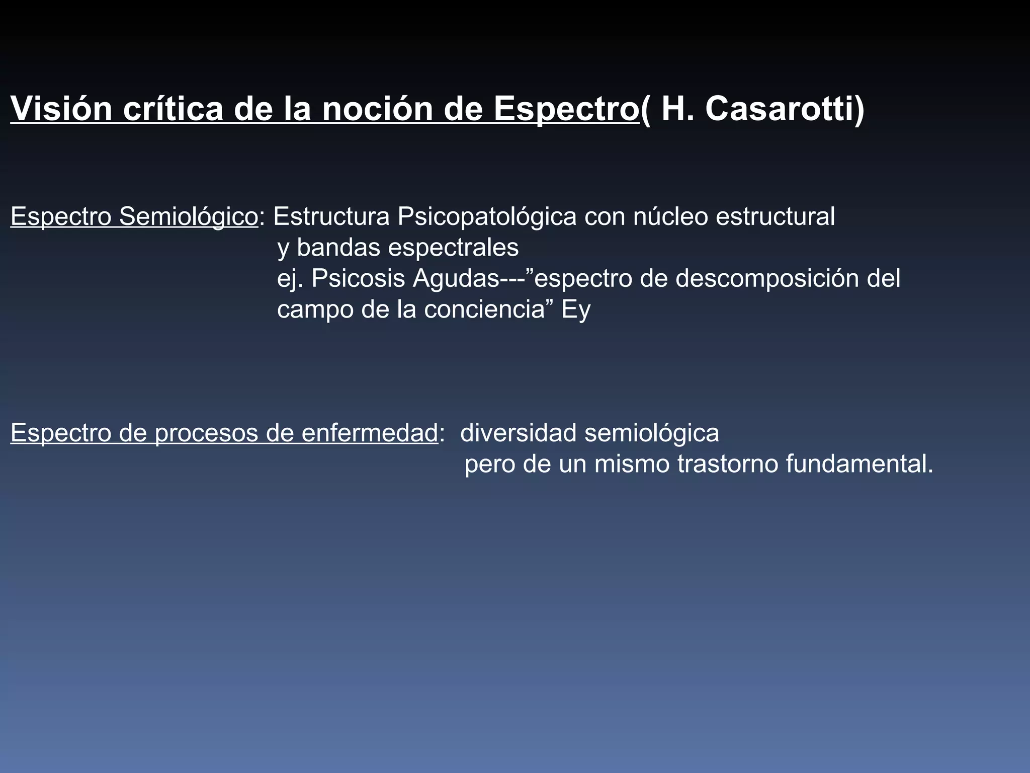 Visión crítica de la noción de Espectro( H. Casarotti)


Espectro Semiológico: Estructura Psicopatológica con núcleo estructural
                      y bandas espectrales
                      ej. Psicosis Agudas---”espectro de descomposición del
                      campo de la conciencia” Ey



Espectro de procesos de enfermedad: diversidad semiológica
                                    pero de un mismo trastorno fundamental.
 