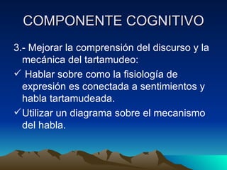 COMPONENTE COGNITIVO 3.- Mejorar la comprensión del discurso y la mecánica del tartamudeo: Hablar sobre como la fisiología de expresión es conectada a sentimientos y habla tartamudeada. Utilizar un diagrama sobre el mecanismo del habla. 