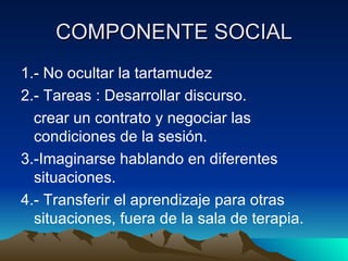 COMPONENTE SOCIAL 1.- No ocultar la tartamudez 2.- Tareas : Desarrollar discurso. crear un contrato y negociar las  condiciones de la sesión. 3.-Imaginarse hablando en diferentes situaciones. 4.- Transferir el aprendizaje para otras situaciones, fuera de la sala de terapia. 