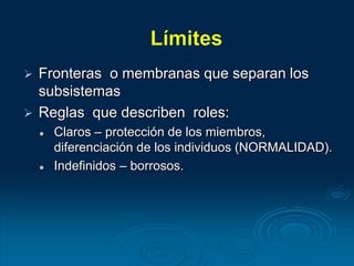  Fronteras o membranas que separan los
subsistemas
 Reglas que describen roles:
 Claros – protección de los miembros,
diferenciación de los individuos (NORMALIDAD).
 Indefinidos – borrosos.
 