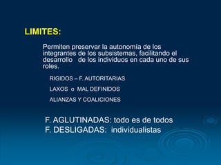 LIMITES:
Permiten preservar la autonomía de los
integrantes de los subsistemas, facilitando el
desarrollo de los individuos en cada uno de sus
roles.
RIGIDOS – F. AUTORITARIAS
LAXOS o MAL DEFINIDOS
ALIANZAS Y COALICIONES
F. AGLUTINADAS: todo es de todos
F. DESLIGADAS: individualistas
 