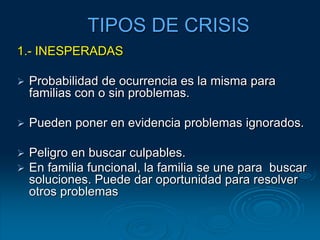 TIPOS DE CRISIS
1.- INESPERADAS
 Probabilidad de ocurrencia es la misma para
familias con o sin problemas.
 Pueden poner en evidencia problemas ignorados.
 Peligro en buscar culpables.
 En familia funcional, la familia se une para buscar
soluciones. Puede dar oportunidad para resolver
otros problemas
 