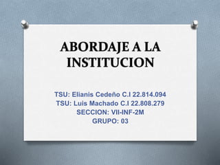 ABORDAJE A LA
INSTITUCION
TSU: Elianis Cedeño C.I 22.814.094
TSU: Luis Machado C.I 22.808.279
SECCION: VII-INF-2M
GRUPO: 03
 